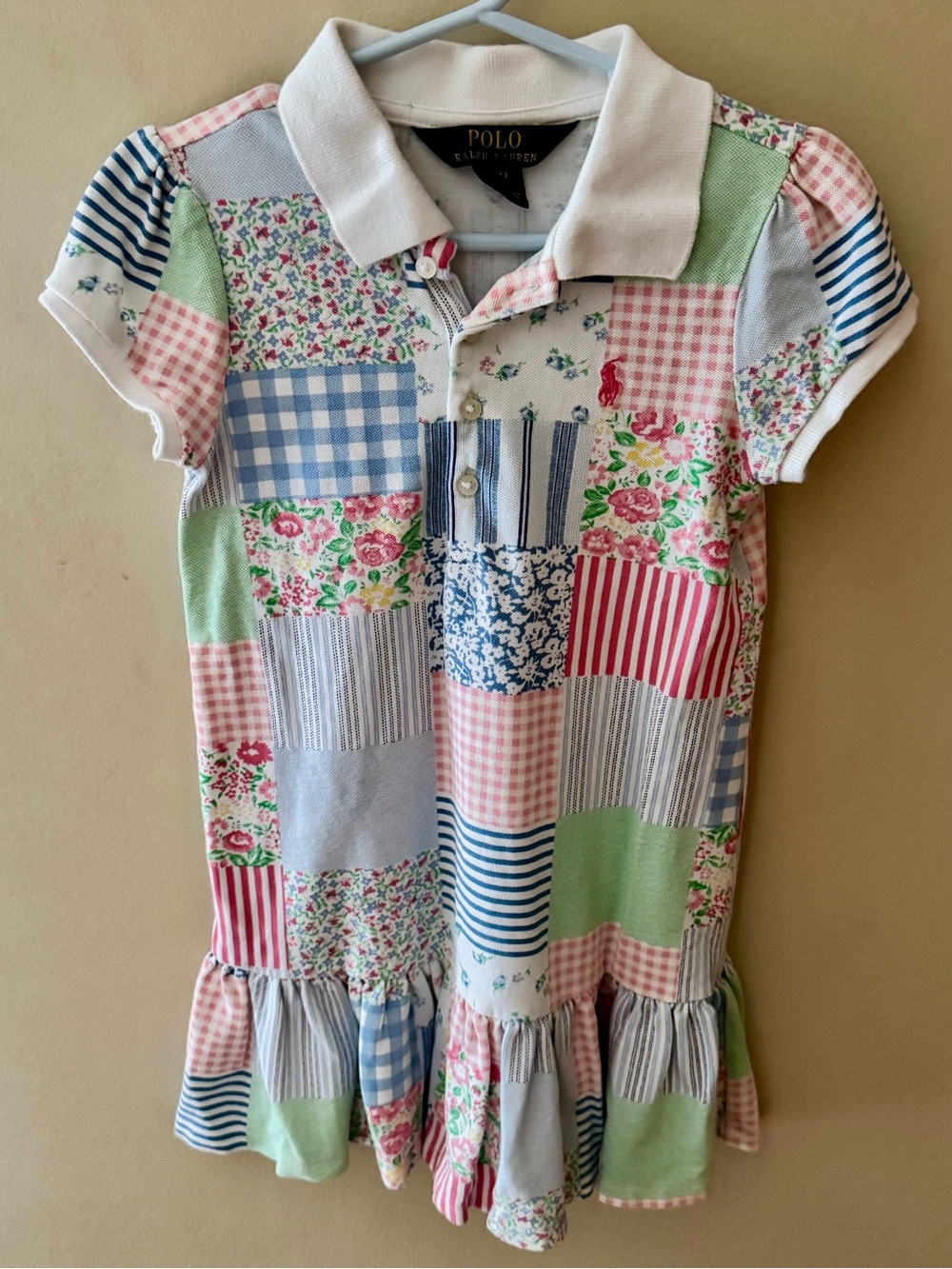 Polo Ralph Lauren Pastel Patchwork Polo Dress Ruffle Hem Girls 4T